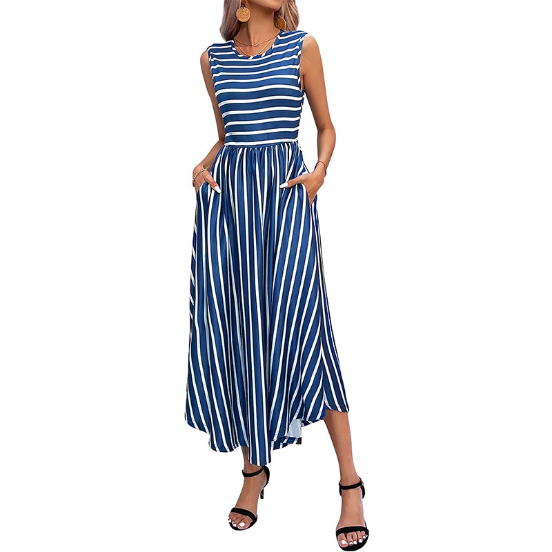 Sleeveless Striped Maxi Dress with Pockets
