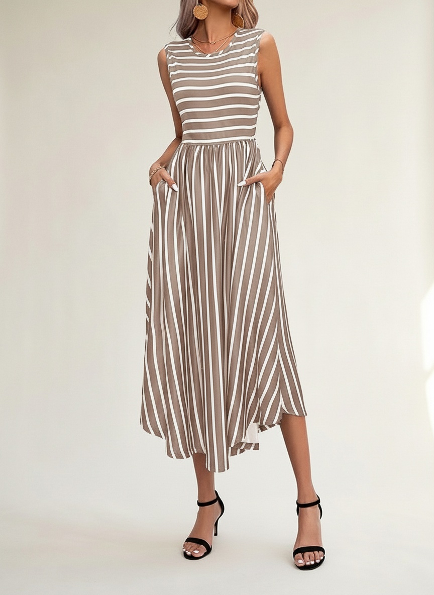 Sleeveless Striped Maxi Dress with Pockets