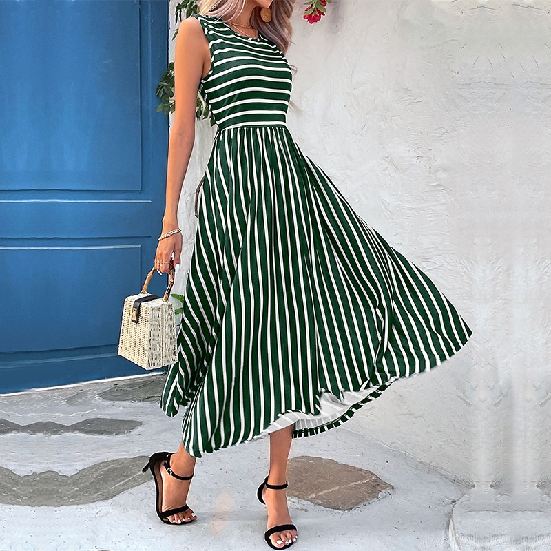 Sleeveless Striped Maxi Dress with Pockets