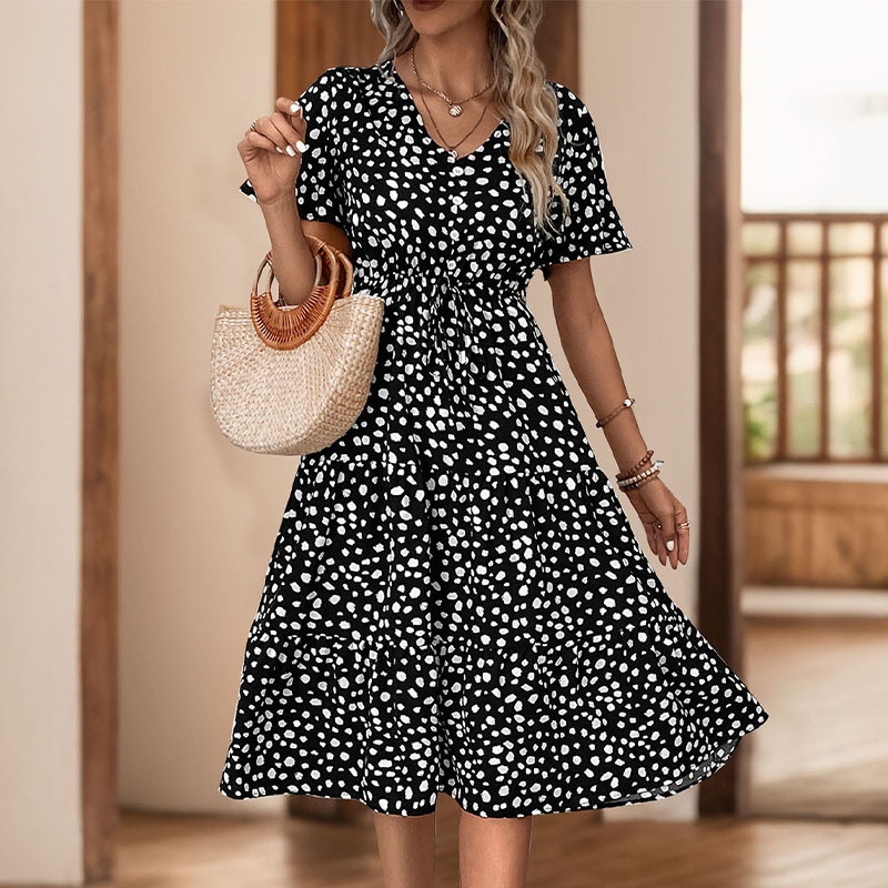 Women's Spot Print V-Neck Tiered Midi Dress