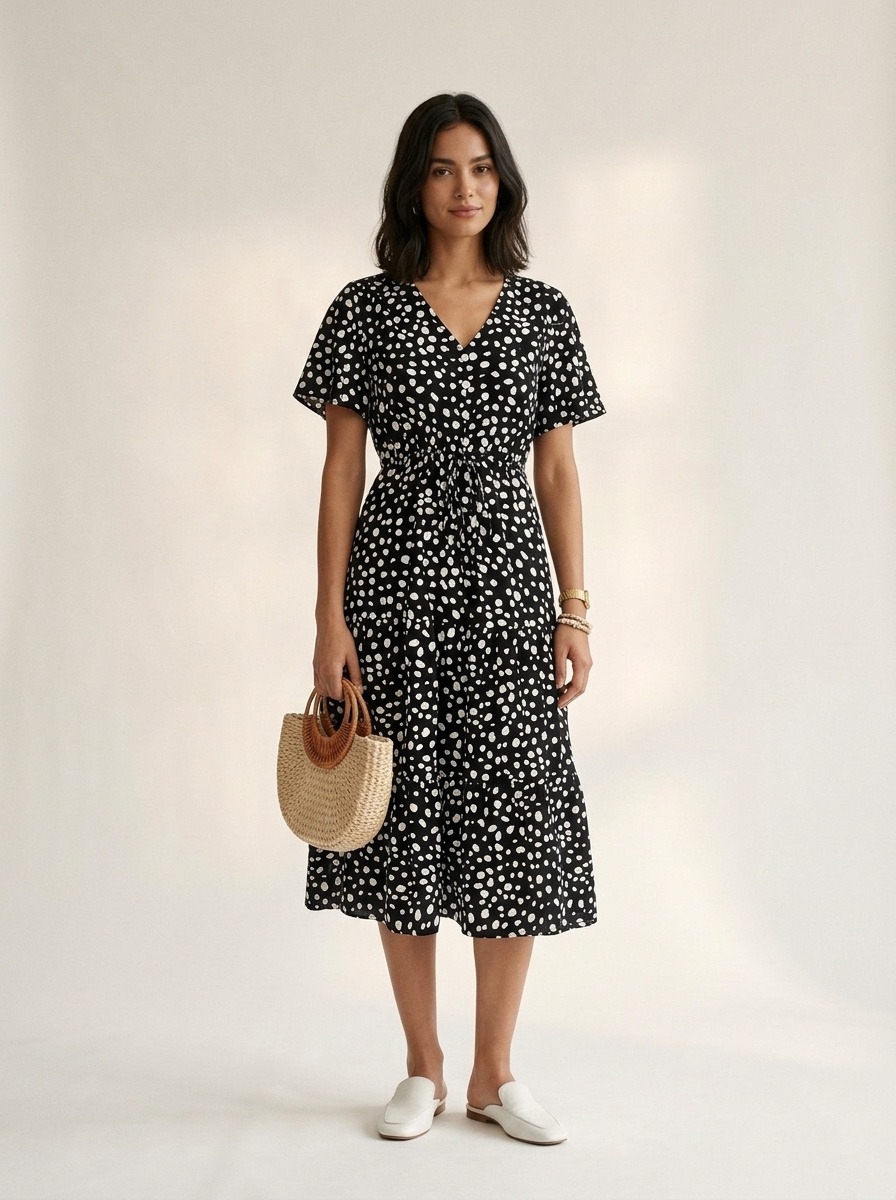 Women's Spot Print V-Neck Tiered Midi Dress