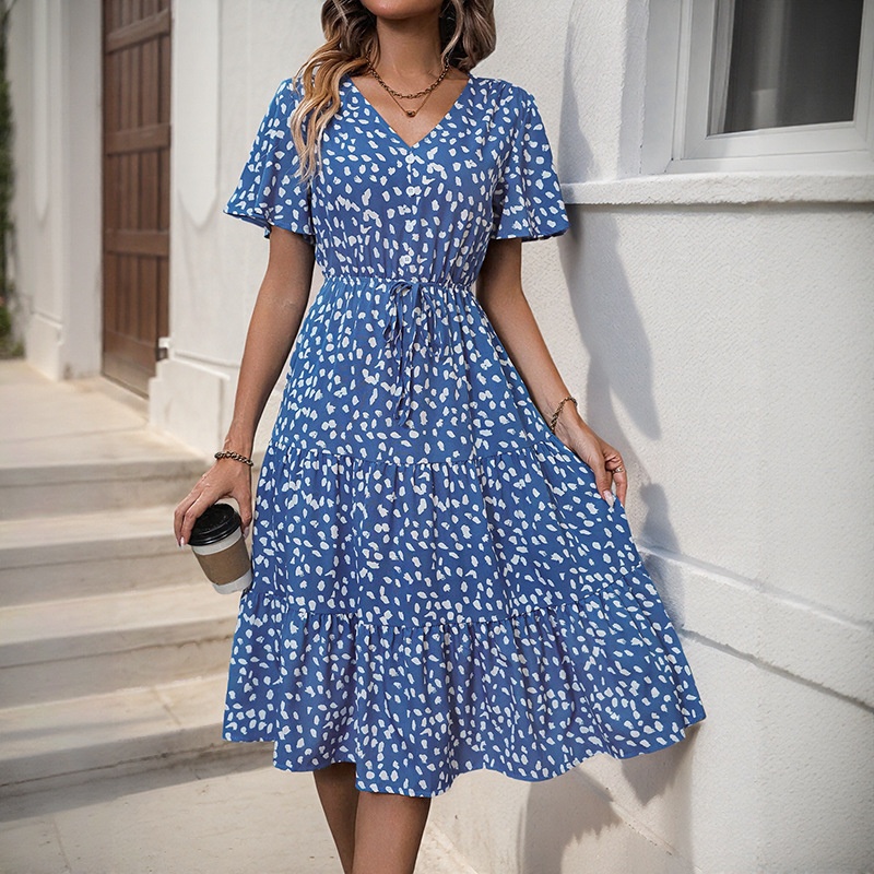 Women's Spot Print V-Neck Tiered Midi Dress