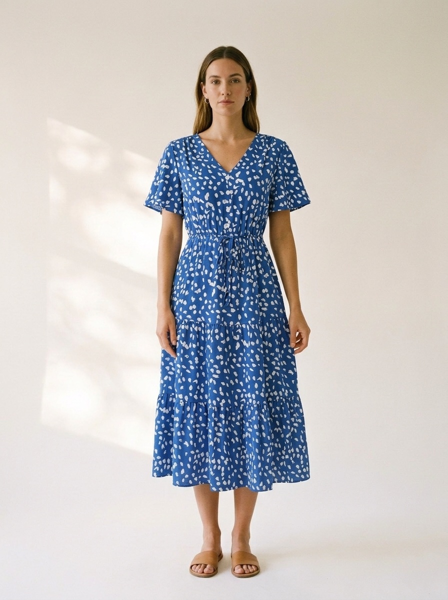 Women's Spot Print V-Neck Tiered Midi Dress