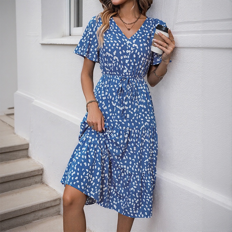Women's Spot Print V-Neck Tiered Midi Dress
