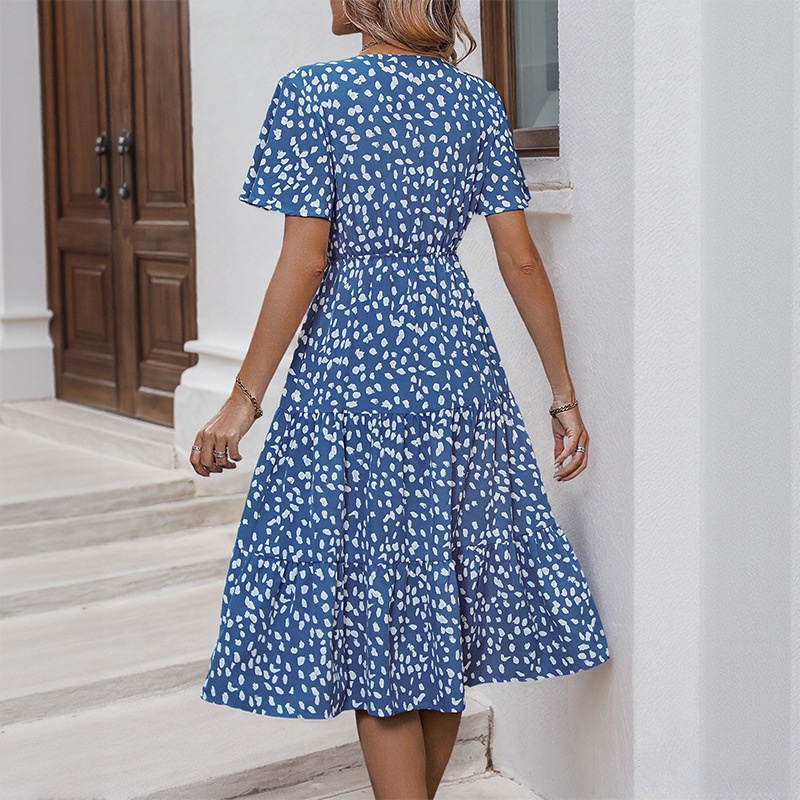 Women's Spot Print V-Neck Tiered Midi Dress