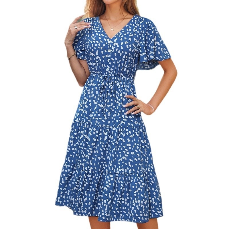 Women's Spot Print V-Neck Tiered Midi Dress