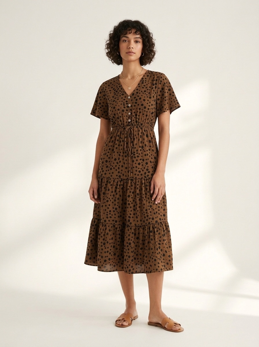 Women's Spot Print V-Neck Tiered Midi Dress