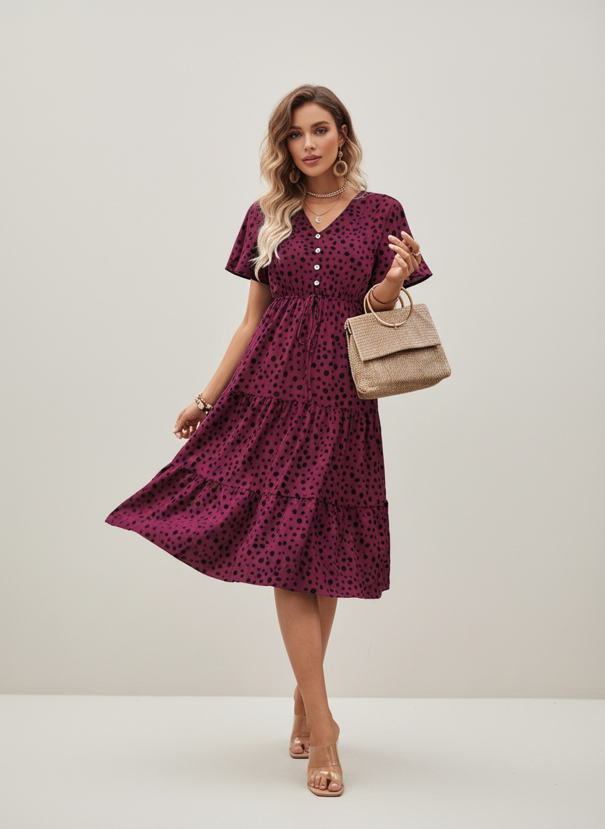 Women's Spot Print V-Neck Tiered Midi Dress
