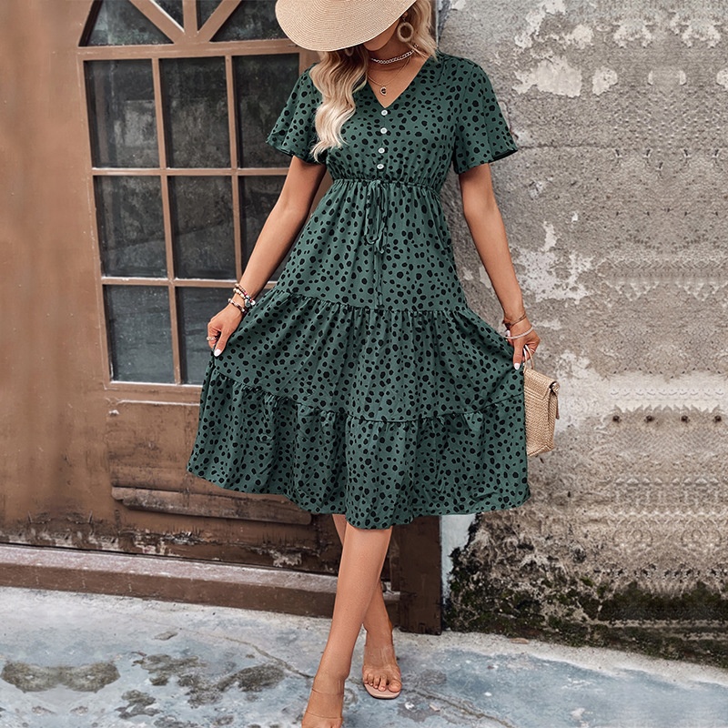 Women's Spot Print V-Neck Tiered Midi Dress