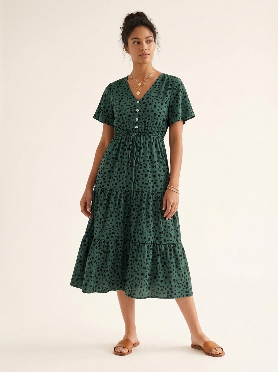 Women's Spot Print V-Neck Tiered Midi Dress