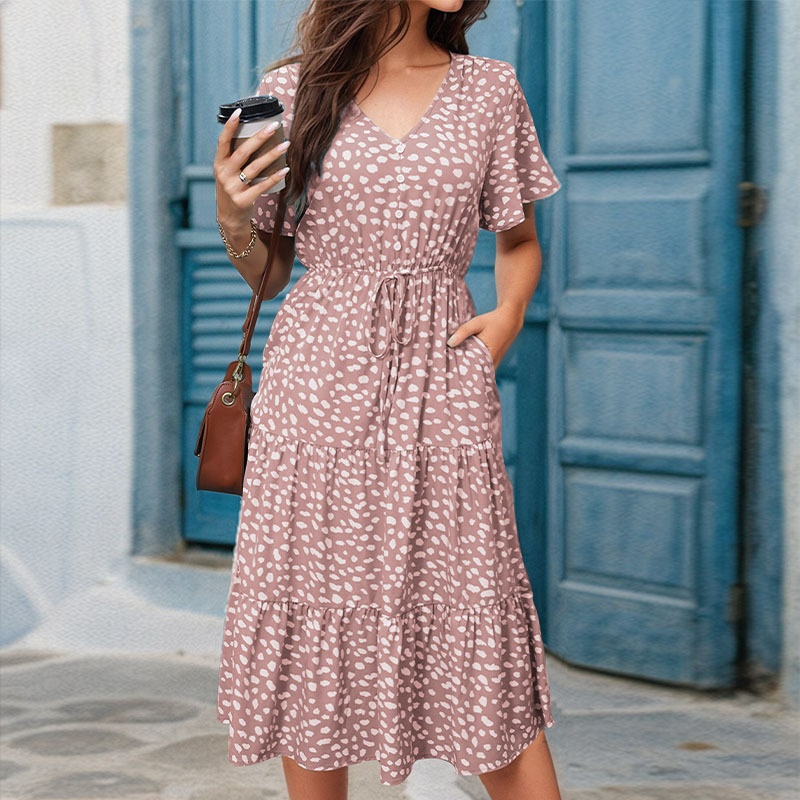 Women's Spot Print V-Neck Tiered Midi Dress