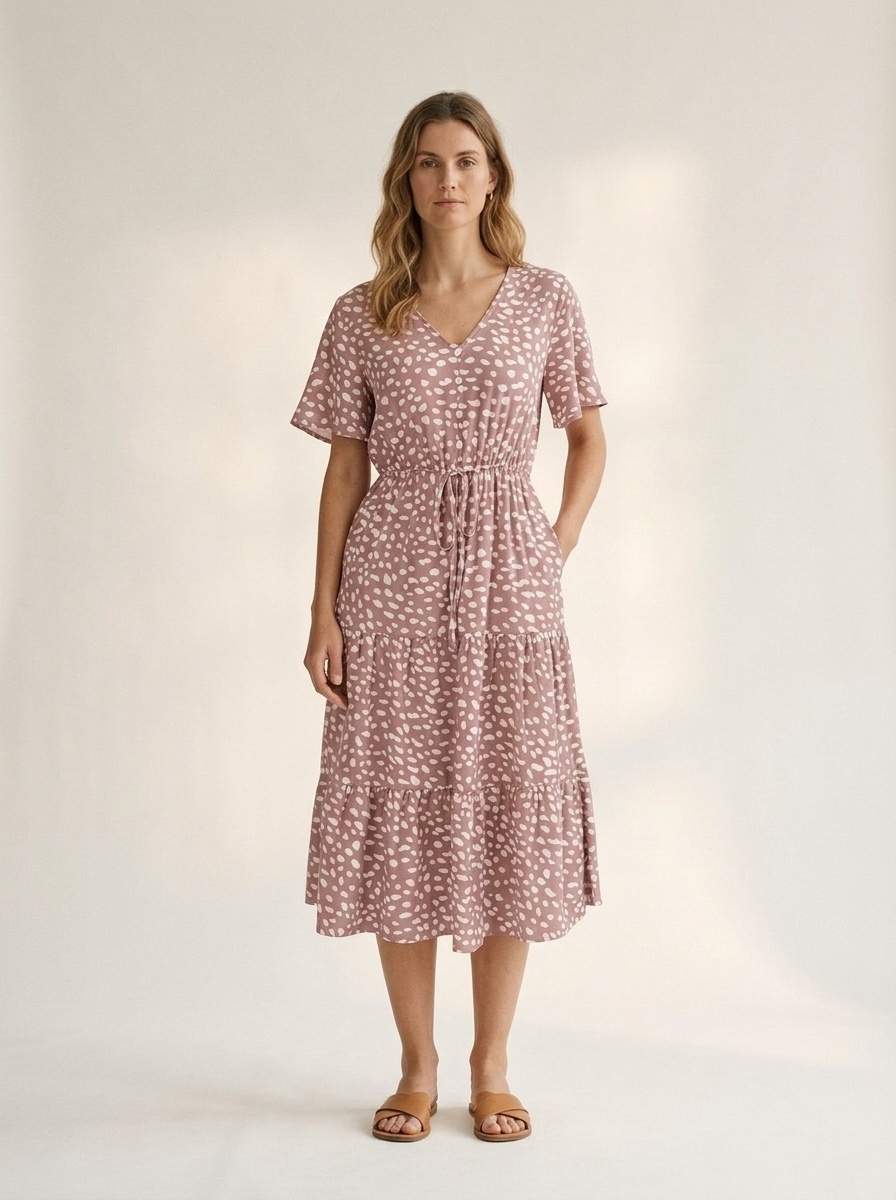 Women's Spot Print V-Neck Tiered Midi Dress