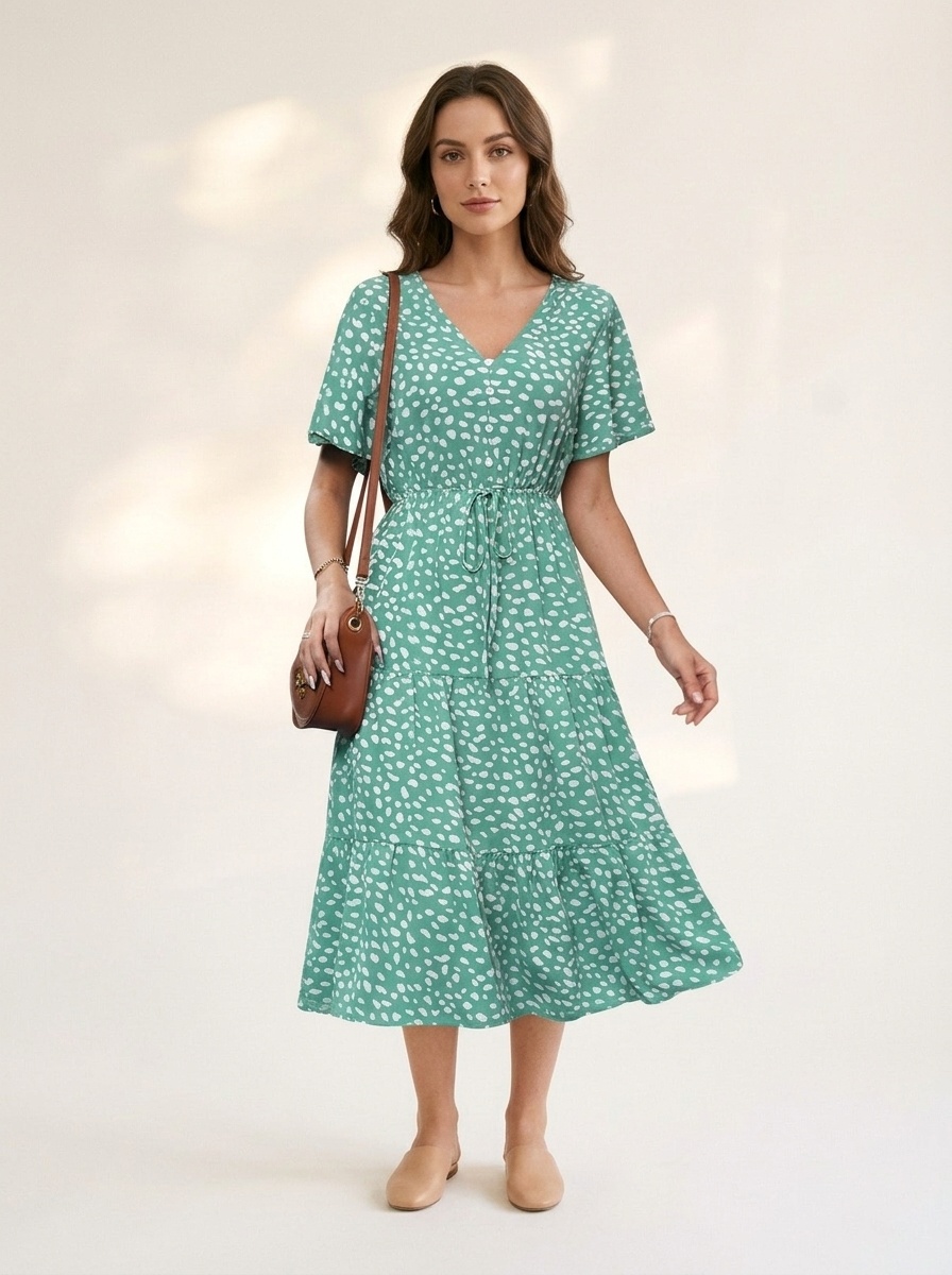 Women's Spot Print V-Neck Tiered Midi Dress