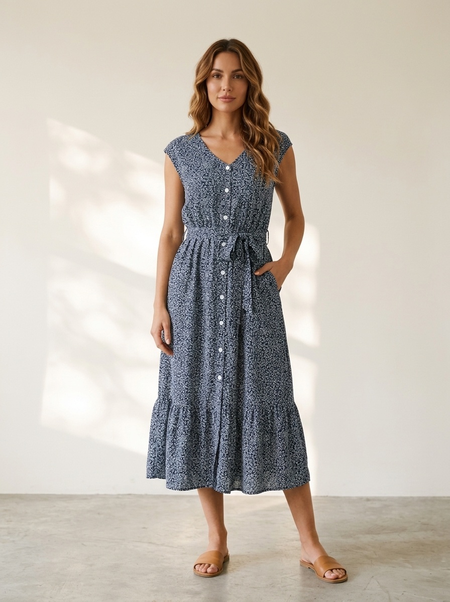 Floral V-Neck Button-Front Midi Dress with Tie Waist