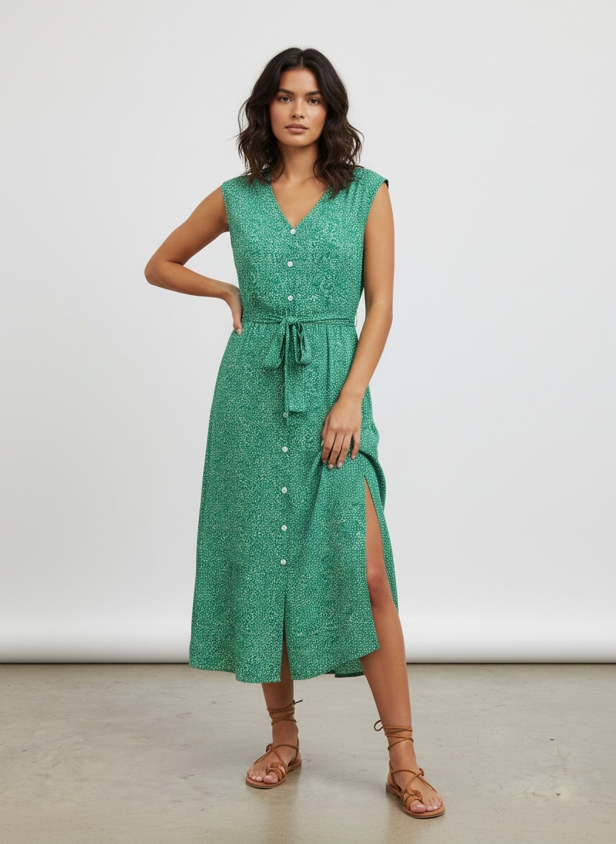 Floral V-Neck Button-Front Midi Dress with Tie Waist
