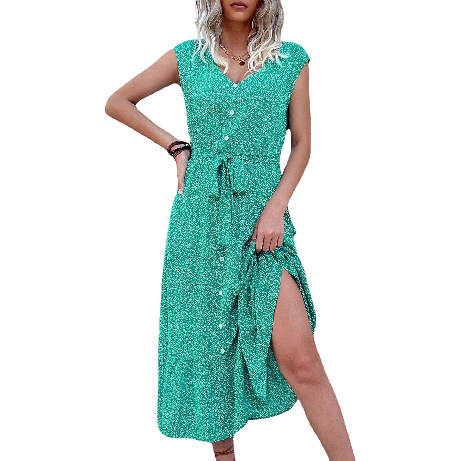 Floral V-Neck Button-Front Midi Dress with Tie Waist