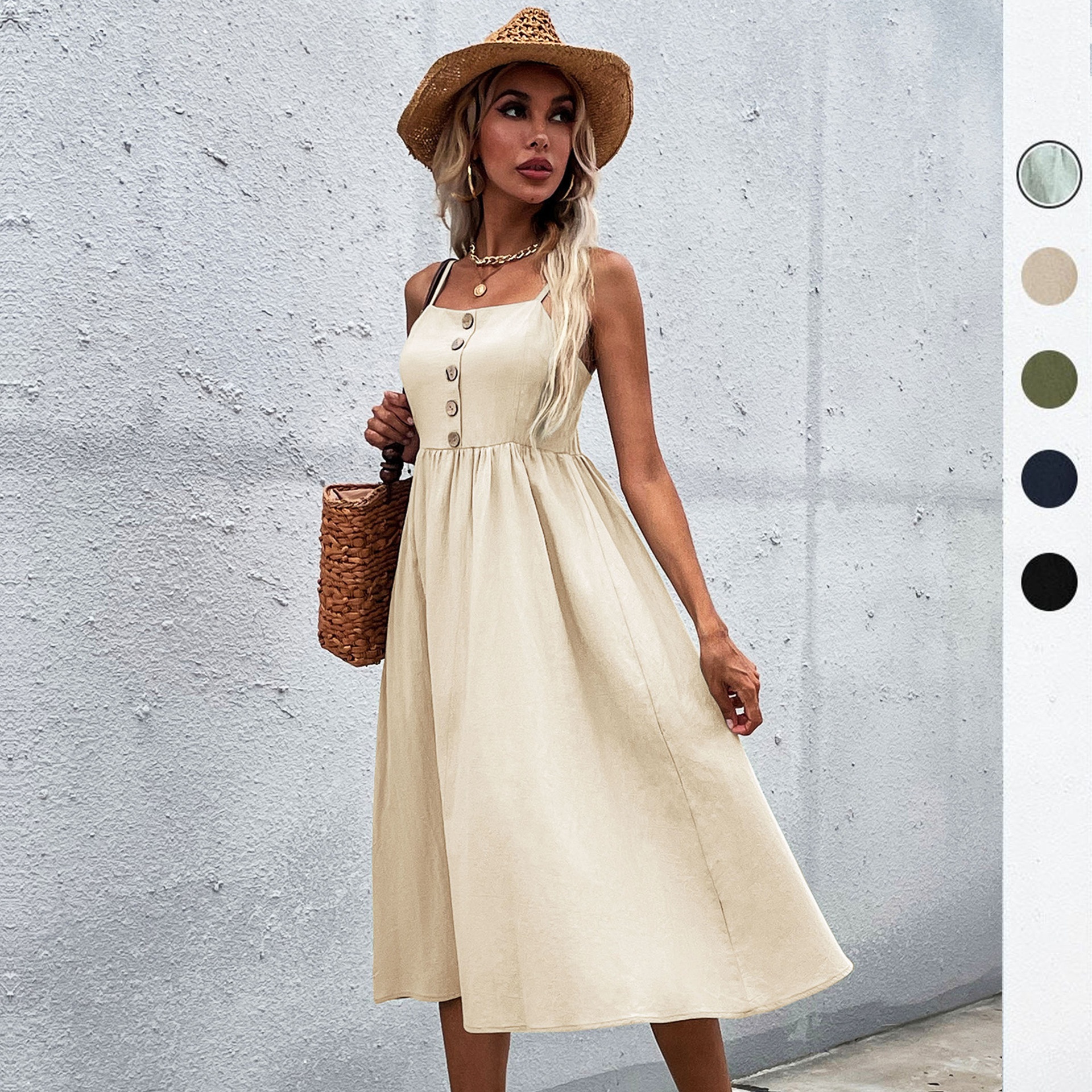 Casual Button Front Midi Dress with Spaghetti Straps