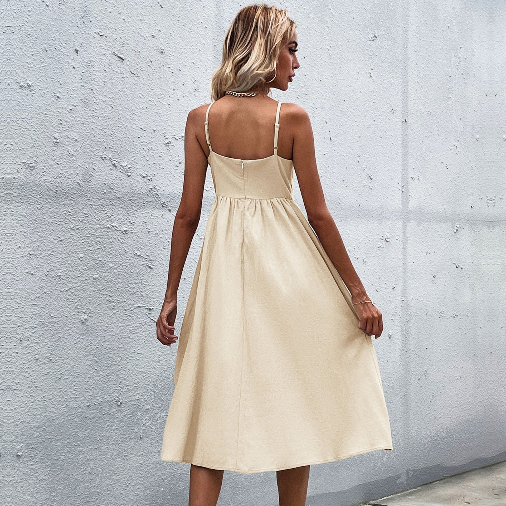 Casual Button Front Midi Dress with Spaghetti Straps