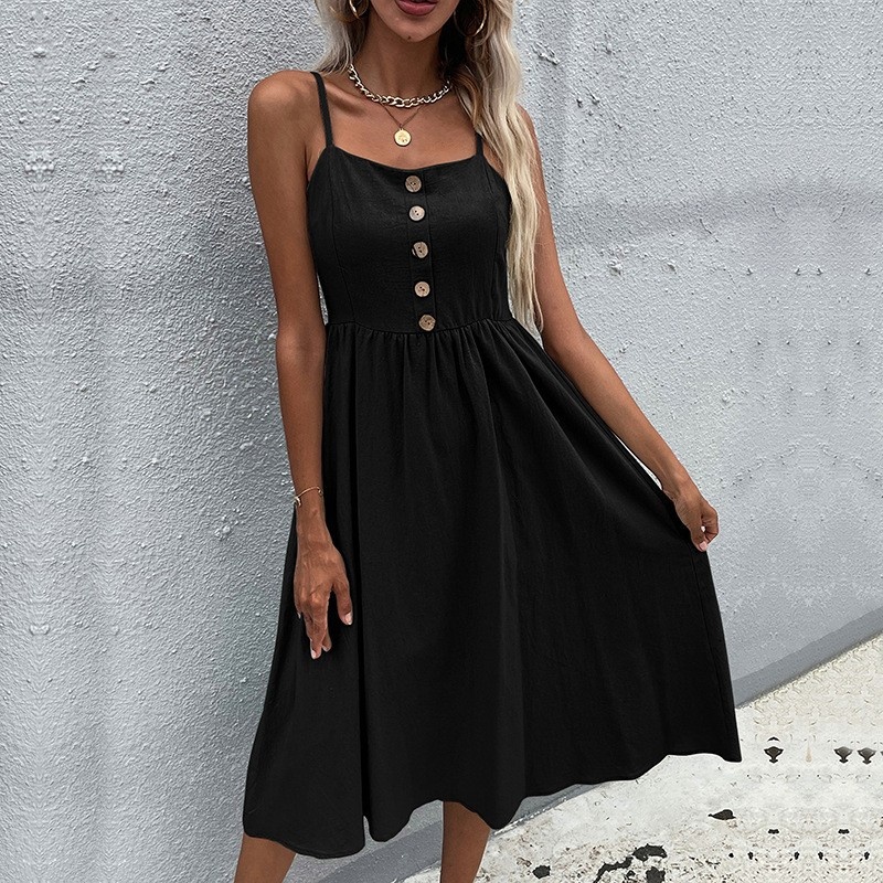 Casual Button Front Midi Dress with Spaghetti Straps