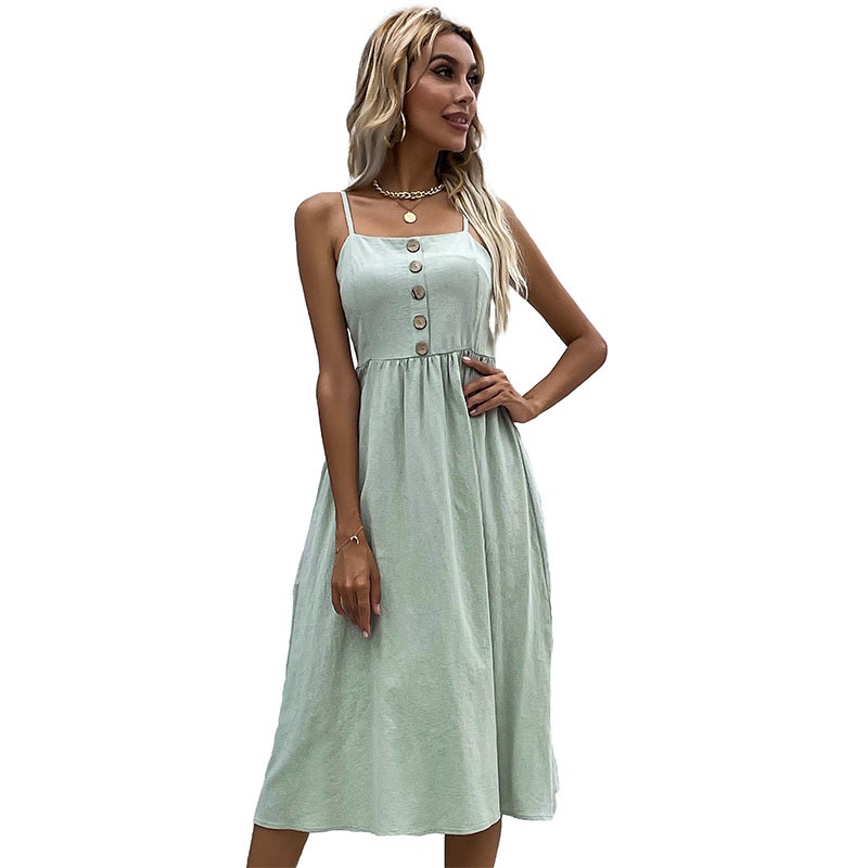 Casual Button Front Midi Dress with Spaghetti Straps