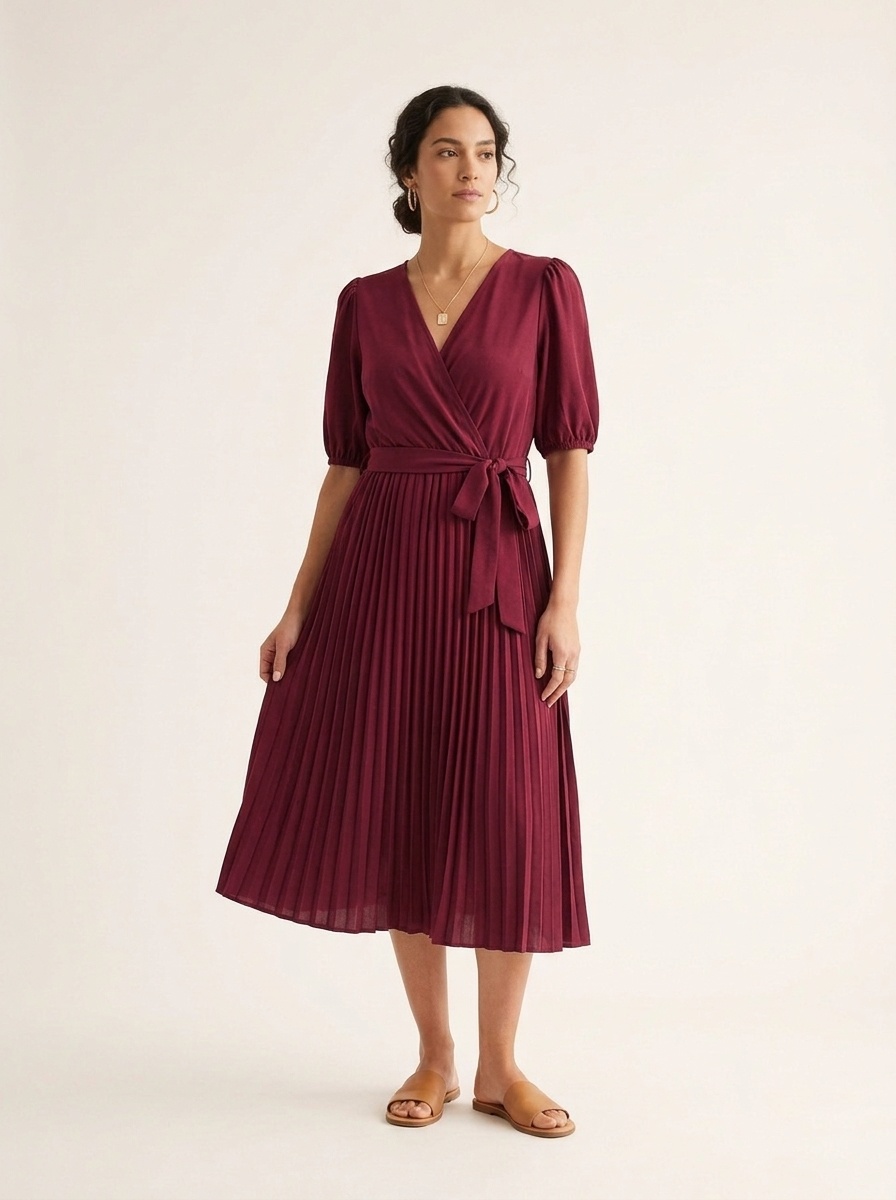 Elegant V-Neck Pleated Wrap Dress with Belt