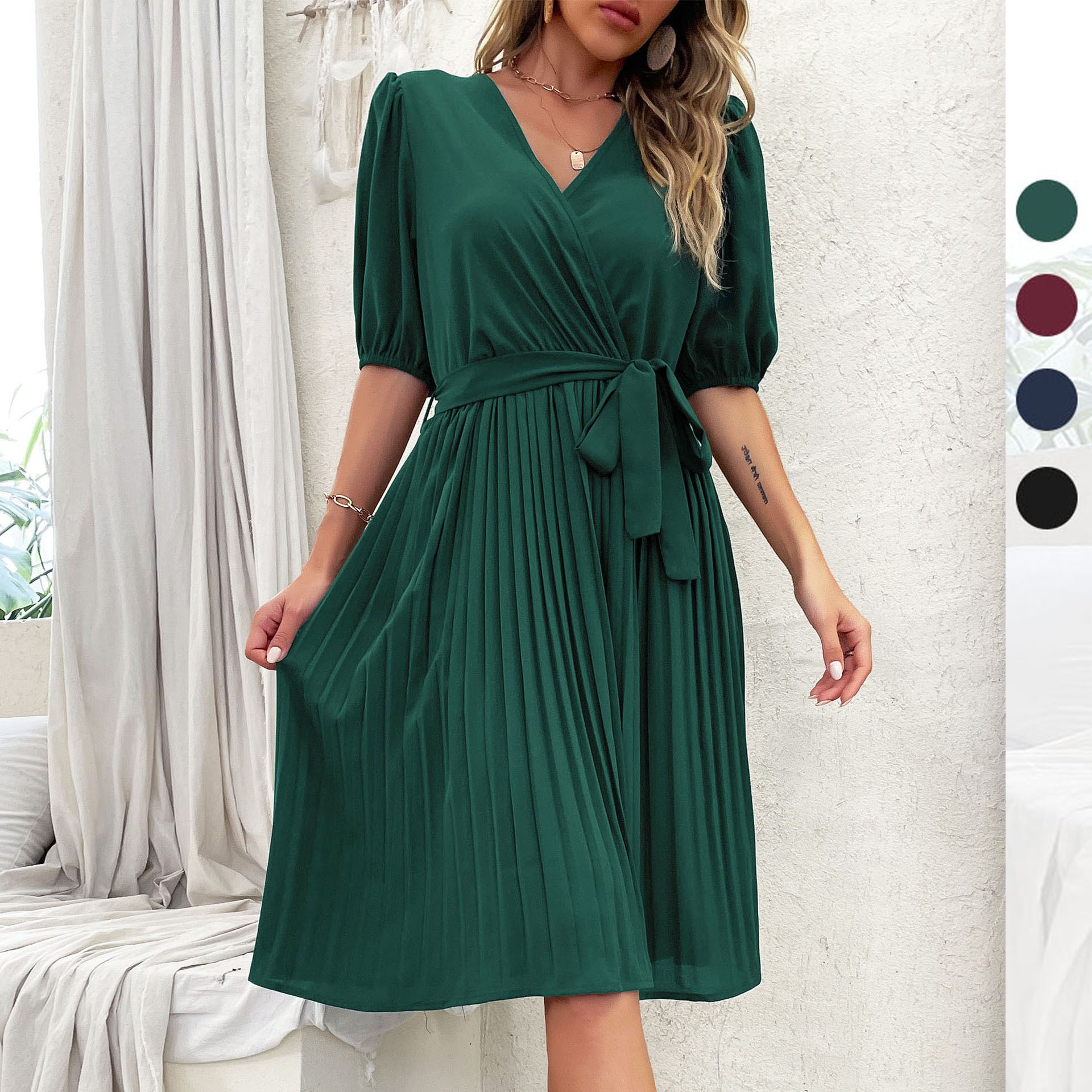 Elegant V-Neck Pleated Wrap Dress with Belt