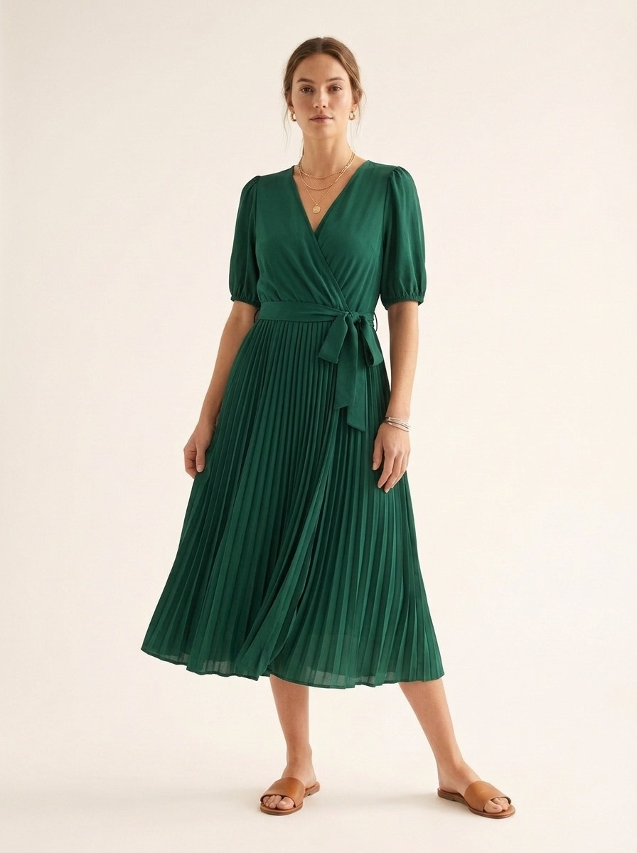 Elegant V-Neck Pleated Wrap Dress with Belt