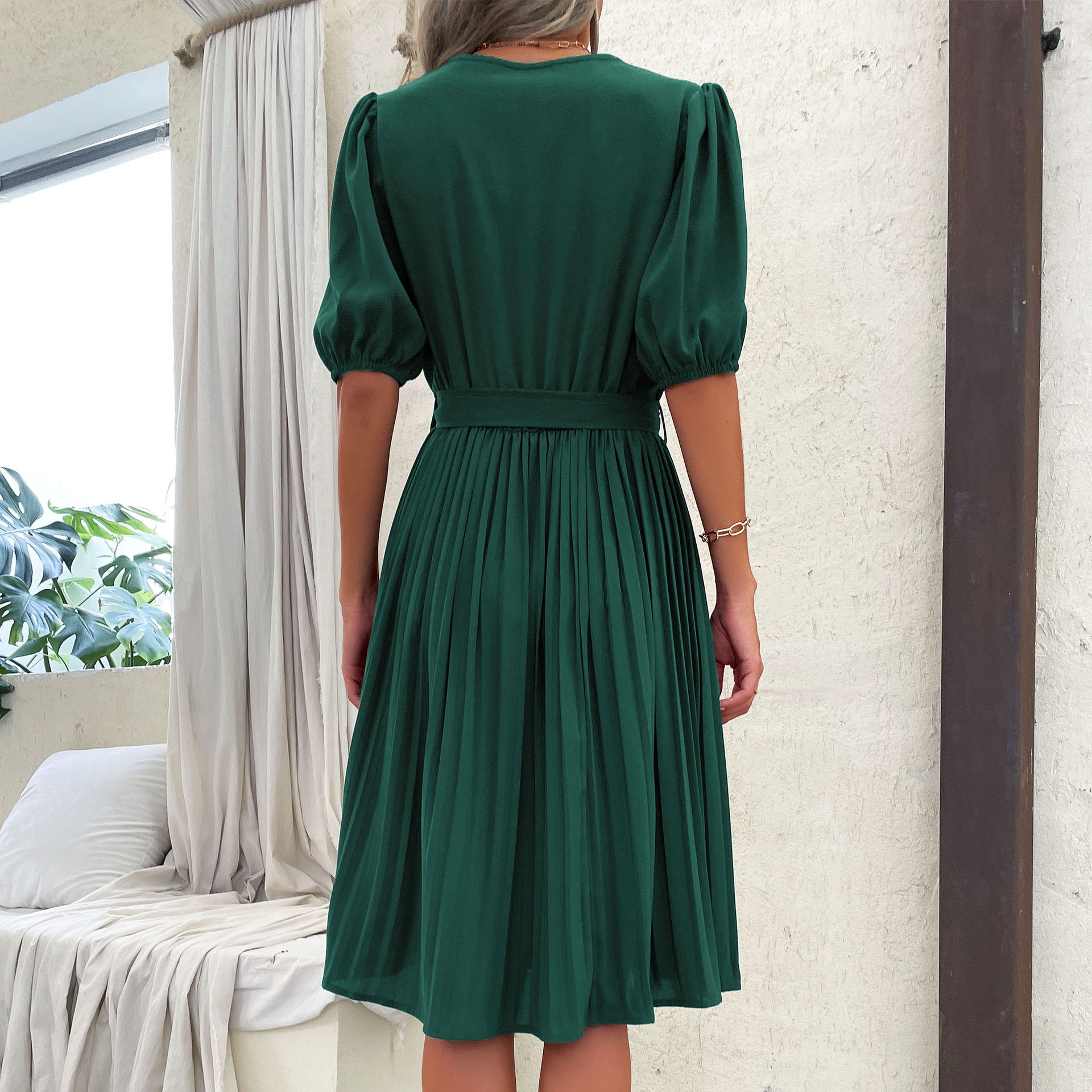 Elegant V-Neck Pleated Wrap Dress with Belt