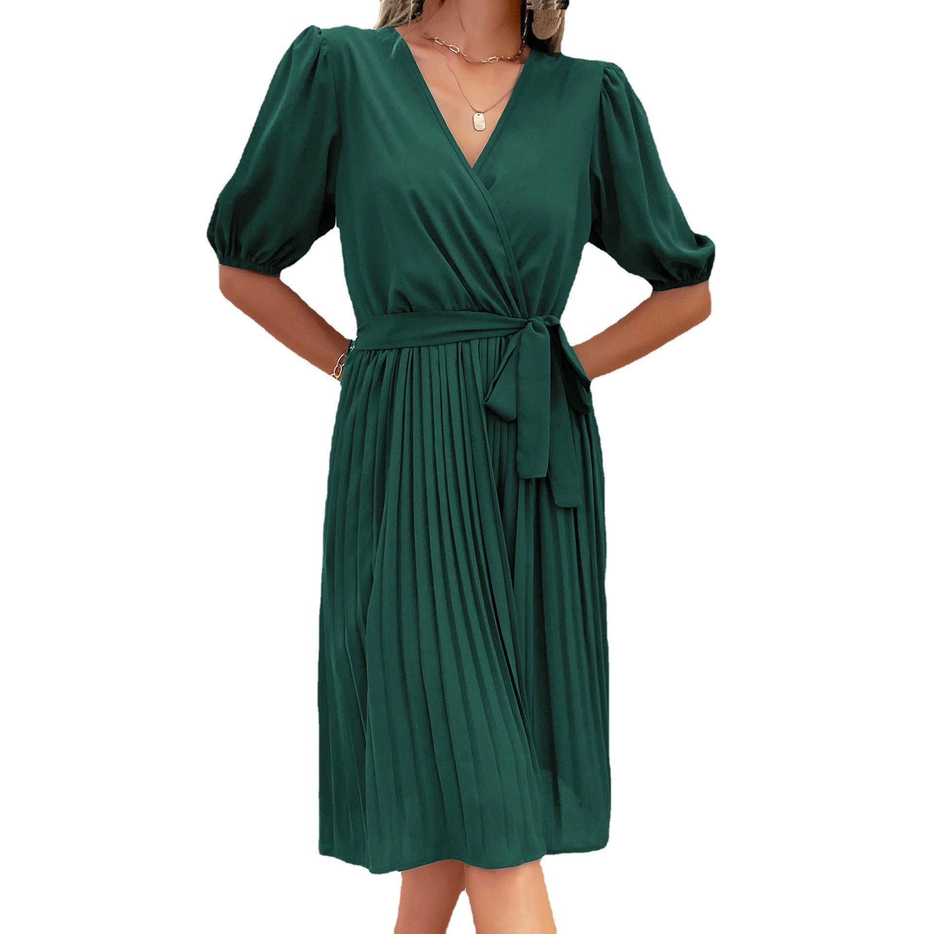 Elegant V-Neck Pleated Wrap Dress with Belt
