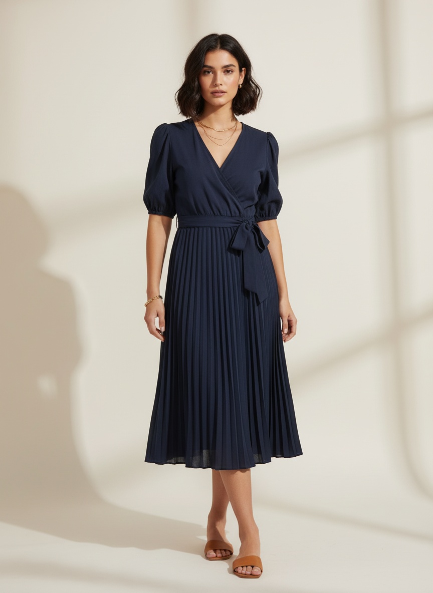 Elegant V-Neck Pleated Wrap Dress with Belt