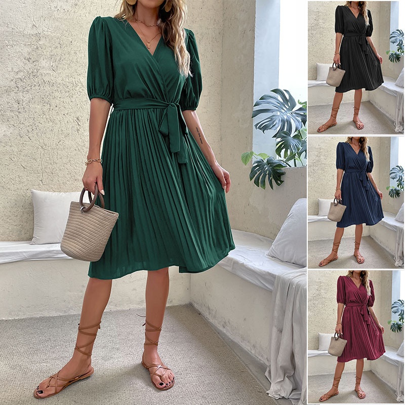 Elegant V-Neck Pleated Wrap Dress with Belt