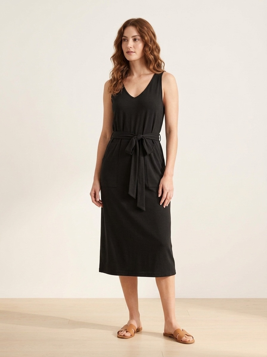 Women's V-Neck Sleeveless Tie-Waist Midi Dress
