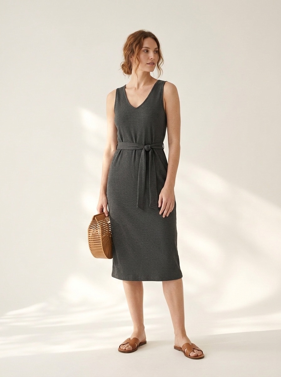 Women's V-Neck Sleeveless Tie-Waist Midi Dress