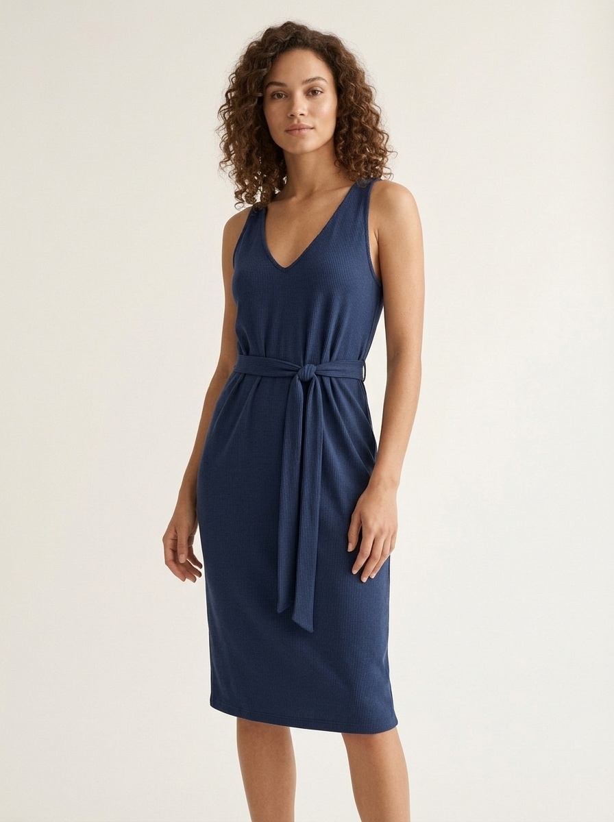Women's V-Neck Sleeveless Tie-Waist Midi Dress