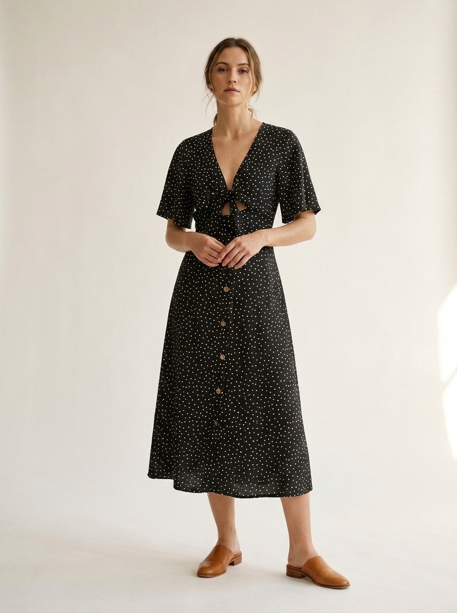 Polka Dot V-Neck Tie-Front Midi Dress