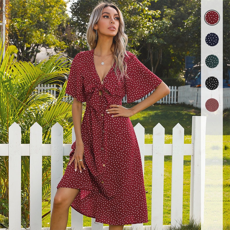 Polka Dot V-Neck Tie-Front Midi Dress