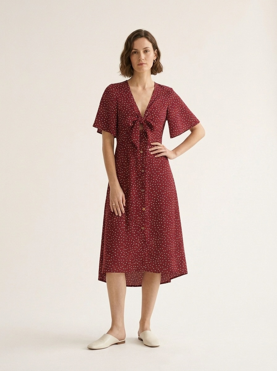 Polka Dot V-Neck Tie-Front Midi Dress