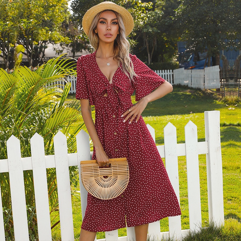 Polka Dot V-Neck Tie-Front Midi Dress