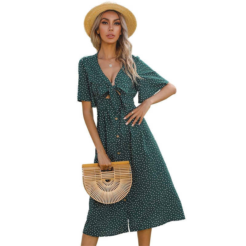 Polka Dot V-Neck Tie-Front Midi Dress