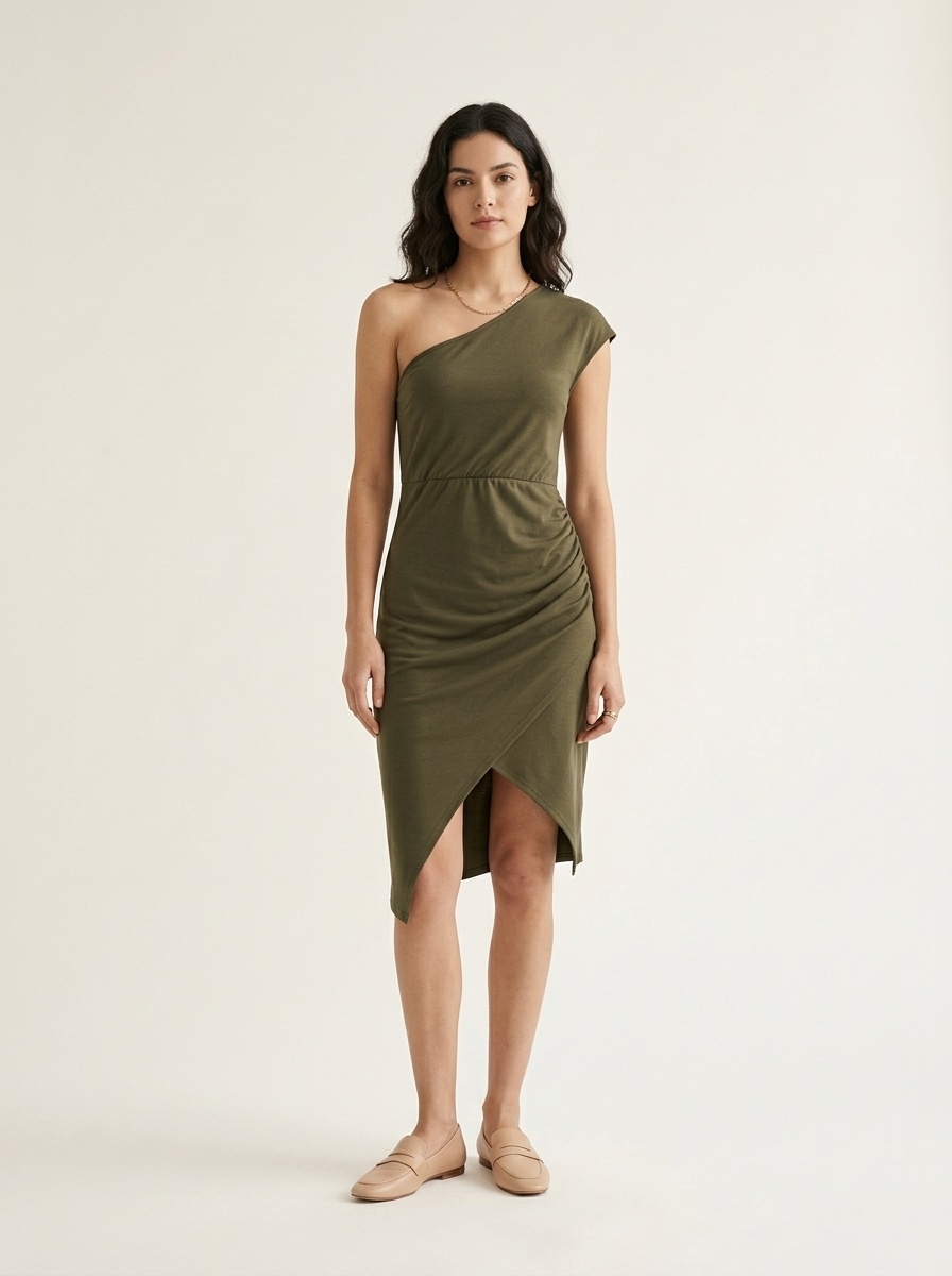 One Shoulder Ruched Slit Midi Dress - Army Green