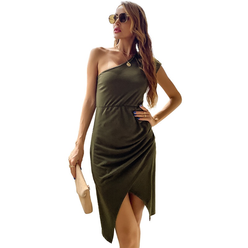 One Shoulder Ruched Slit Midi Dress - Army Green