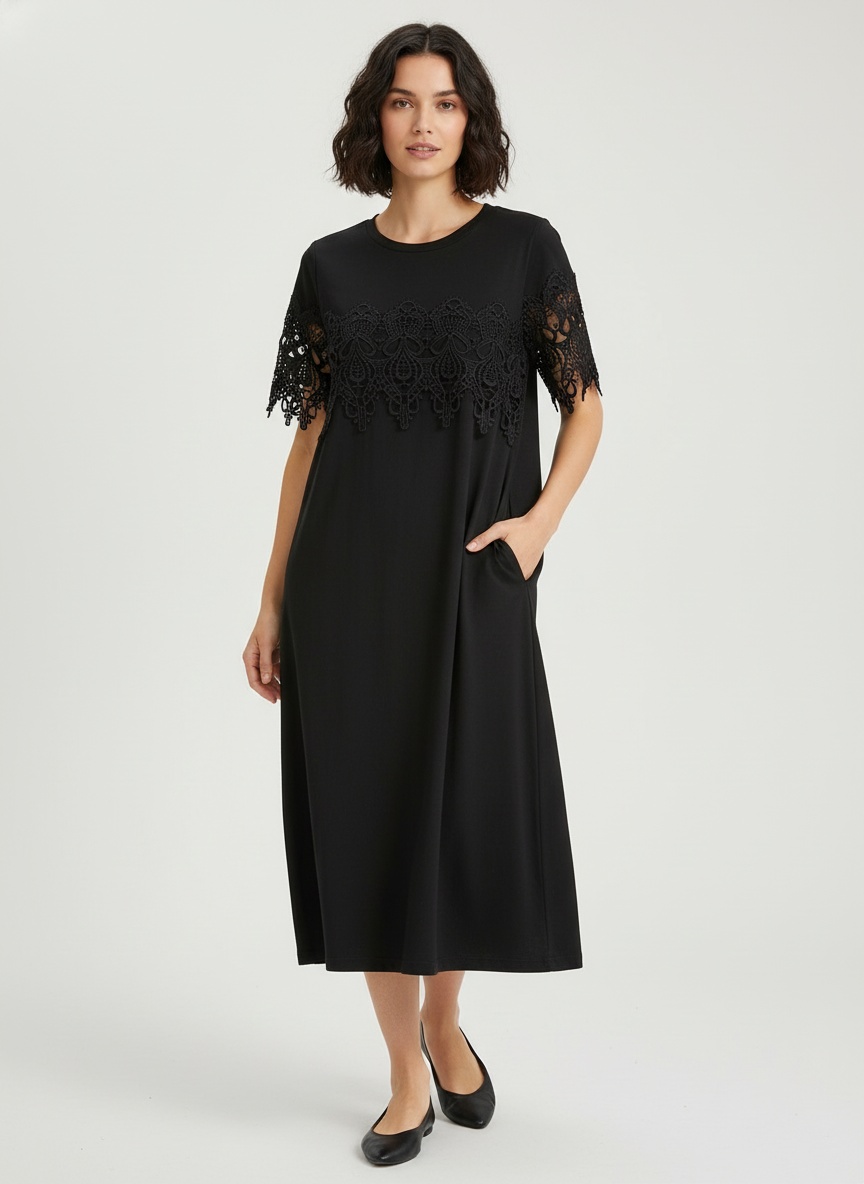 Black Lace Patchwork Short Sleeve Casual T-Shirt Dress