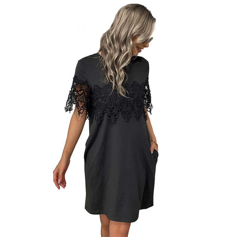 Black Lace Patchwork Short Sleeve Casual T-Shirt Dress