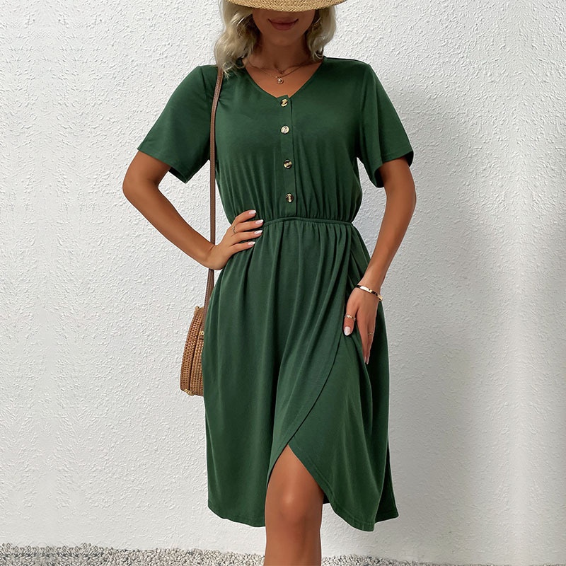 Women's V-Neck Button Front Wrap Midi Dress with Pockets