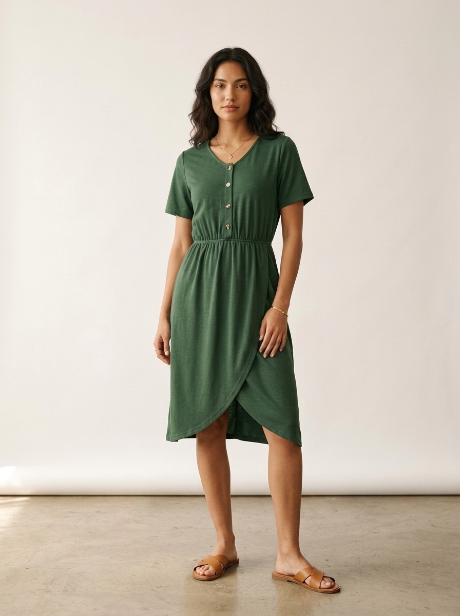 Women's V-Neck Button Front Wrap Midi Dress with Pockets