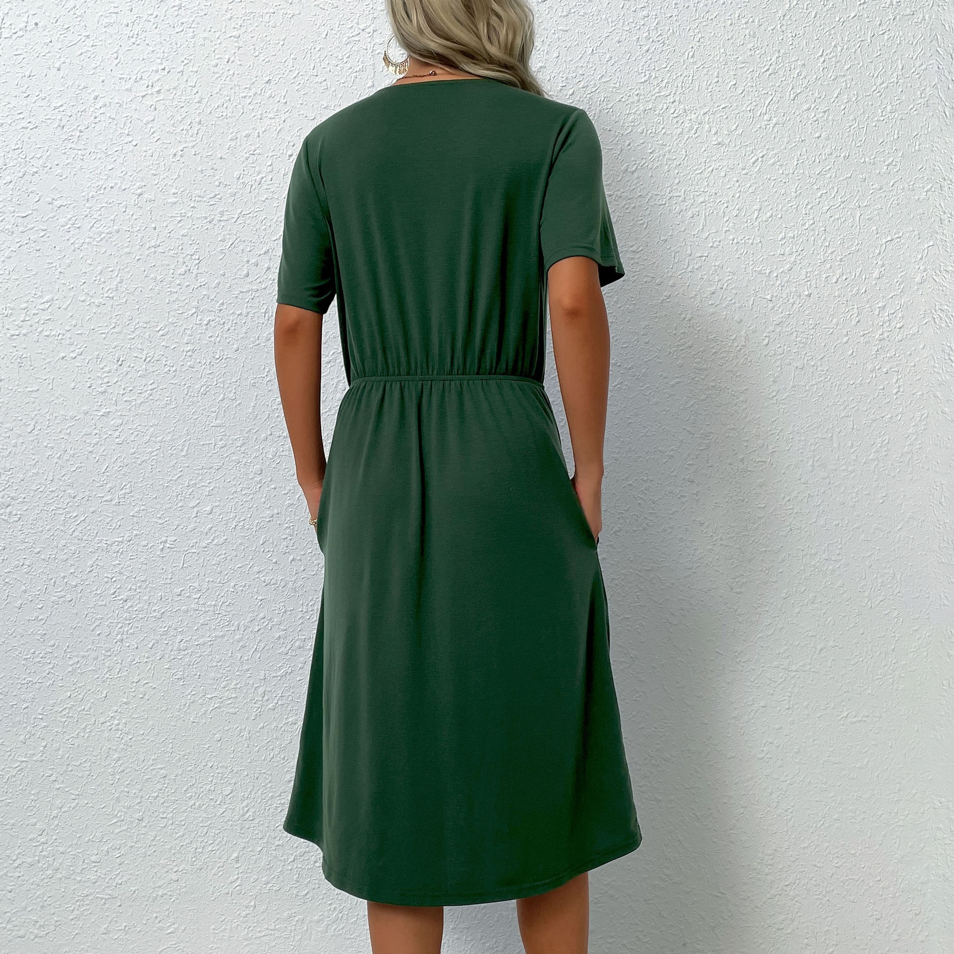 Women's V-Neck Button Front Wrap Midi Dress with Pockets