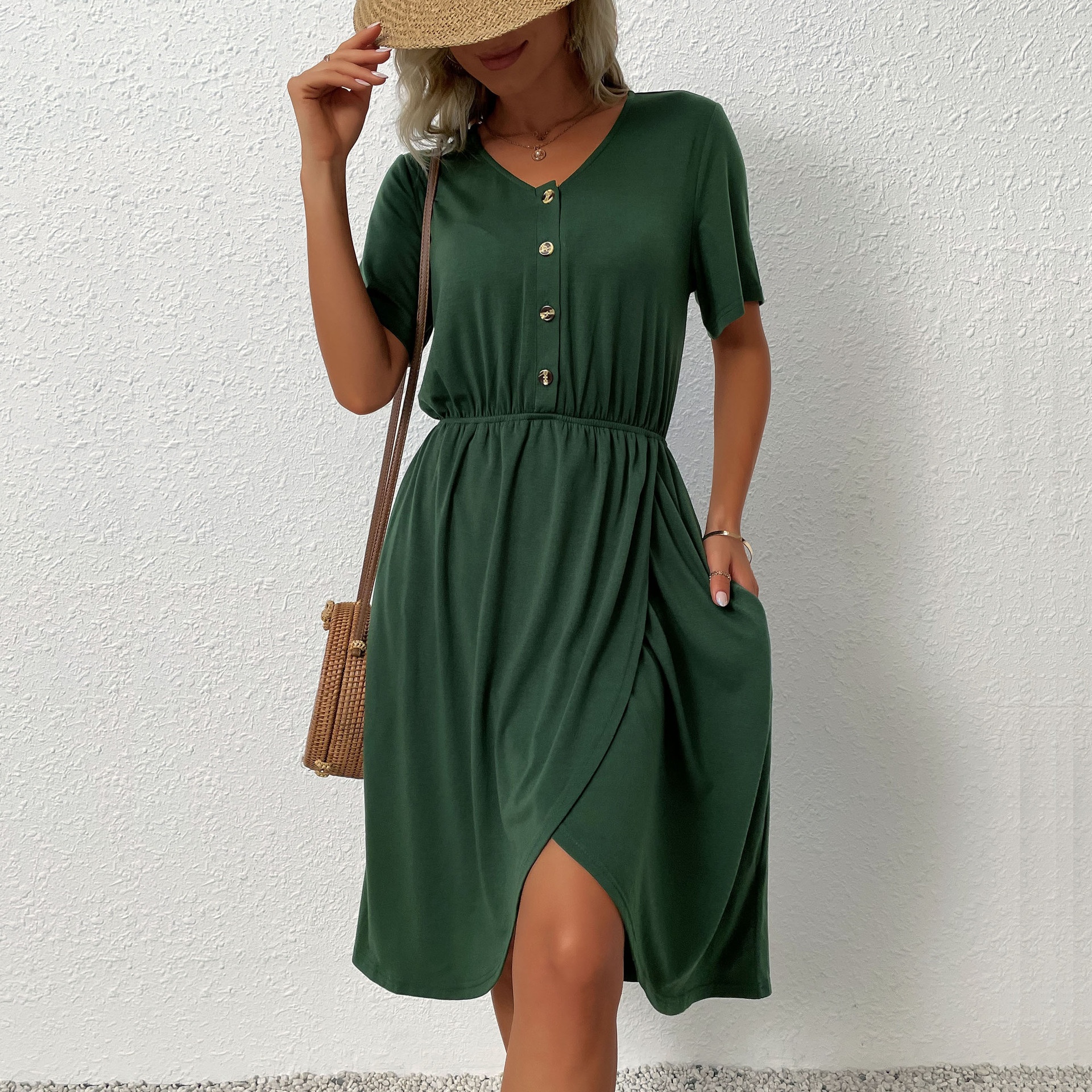 Women's V-Neck Button Front Wrap Midi Dress with Pockets