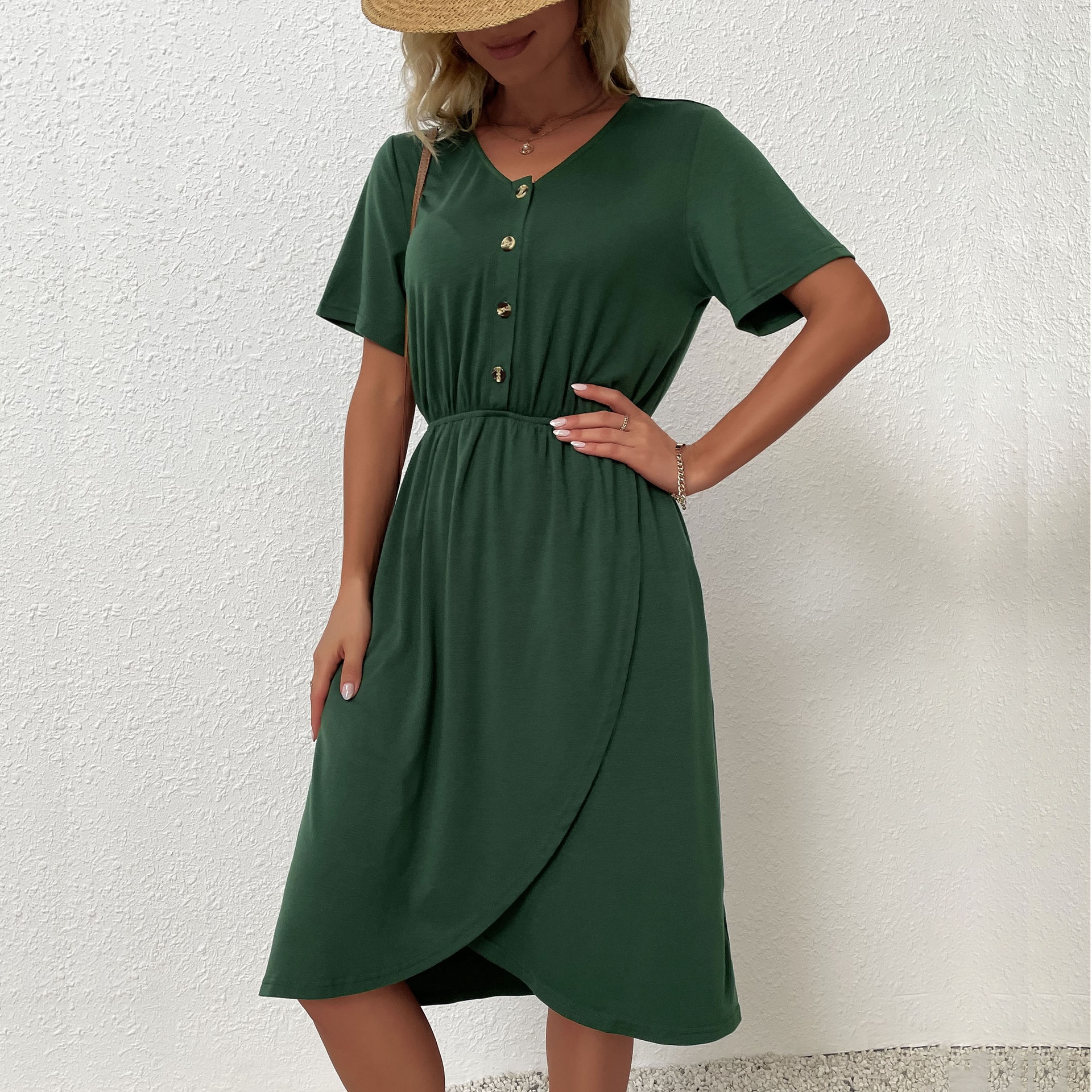 Women's V-Neck Button Front Wrap Midi Dress with Pockets