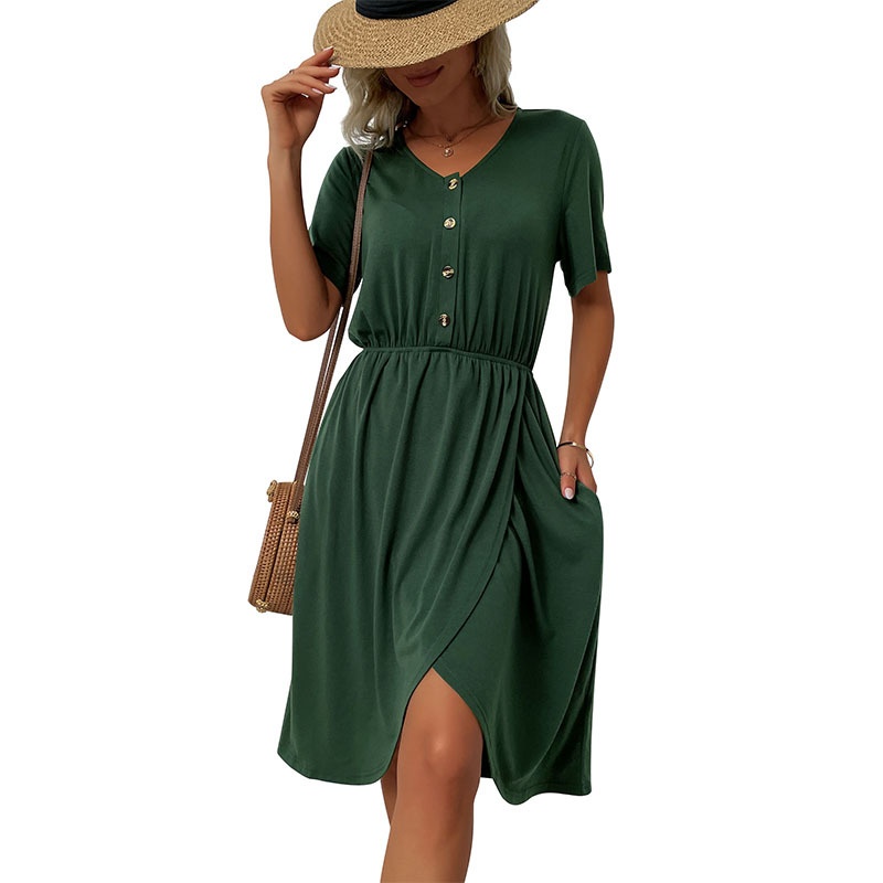 Women's V-Neck Button Front Wrap Midi Dress with Pockets