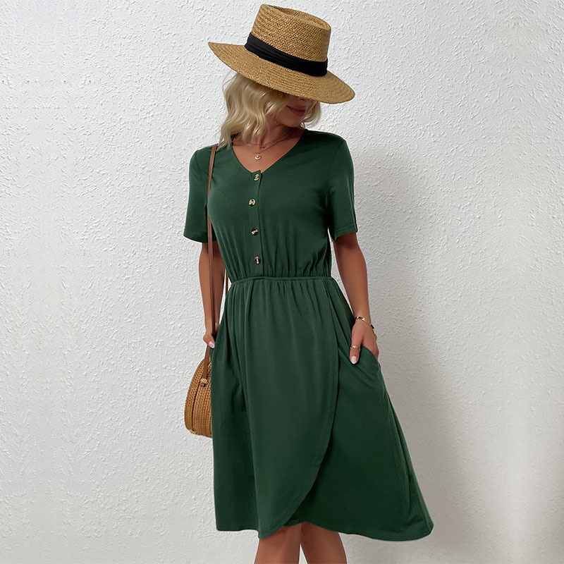 Women's V-Neck Button Front Wrap Midi Dress with Pockets